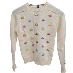 VTG Aston Hand Framed Knitted 100% Shetland Wool Cream Floral Sweater Sz 32/ XS